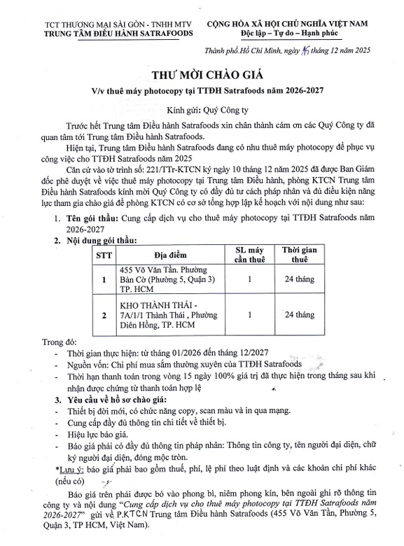 THƯ MỜI CHÀO GIÁ THÁNG 12/2025