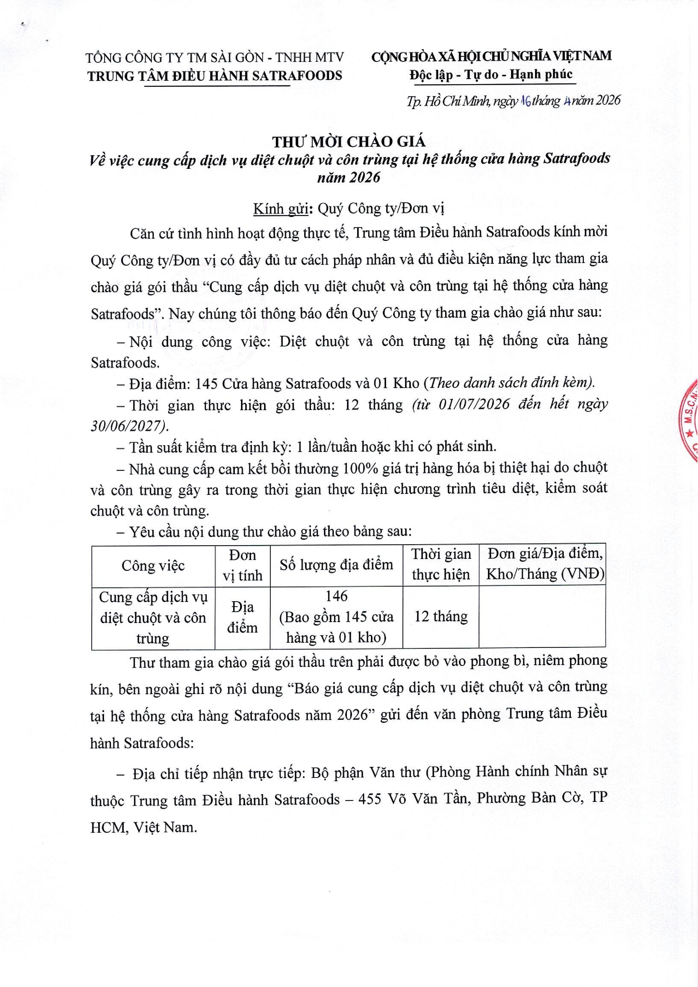 THƯ MỜI CHÀO GIÁ THÁNG 04/2026