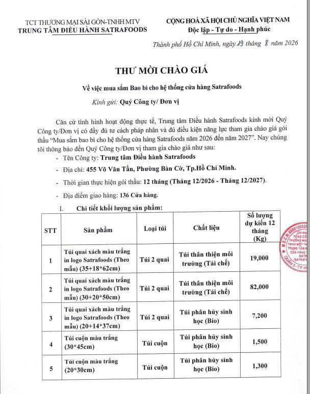 THƯ MỜI CHÀO GIÁ THÁNG 08/2026