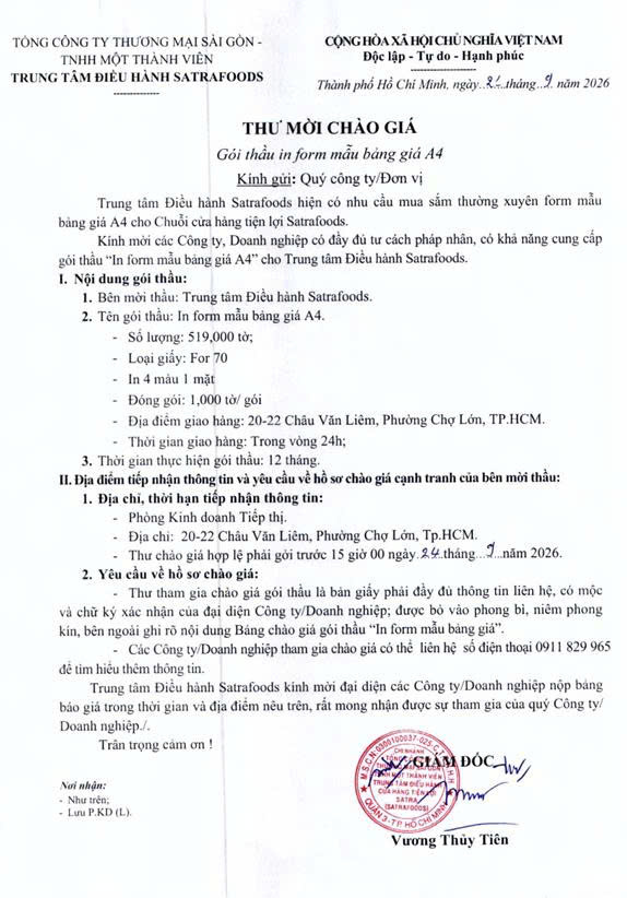 THƯ MỜI CHÀO GIÁ THÁNG 09/2026