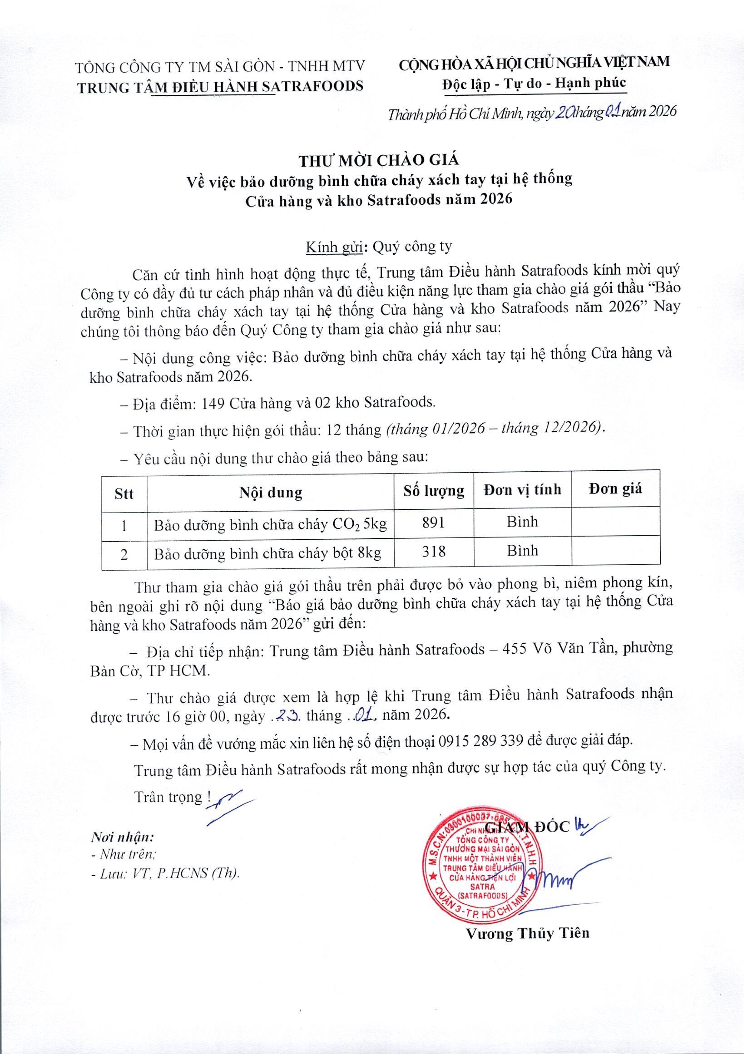 THƯ MỜI CHÀO GIÁ THÁNG 01/2026