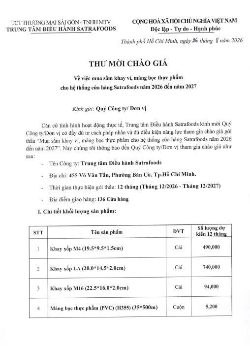THƯ MỜI CHÀO GIÁ THÁNG 08/2026