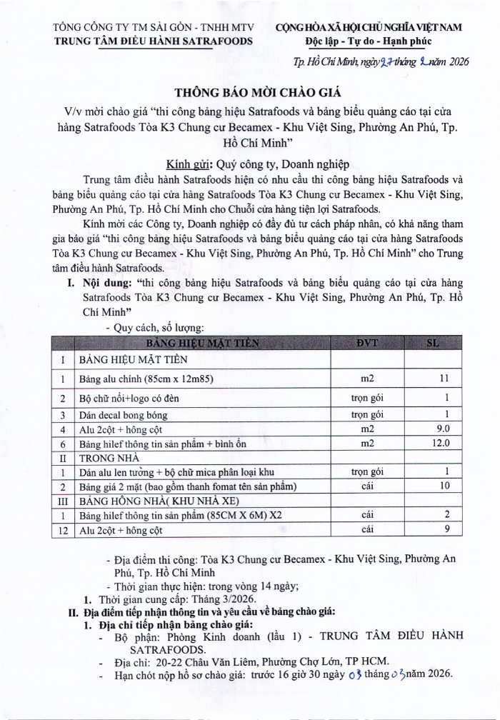 THƯ MỜI CHÀO GIÁ THÁNG 02/2026