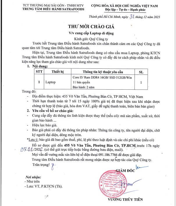 THƯ MỜI CHÀO GIÁ THÁNG 12/2025